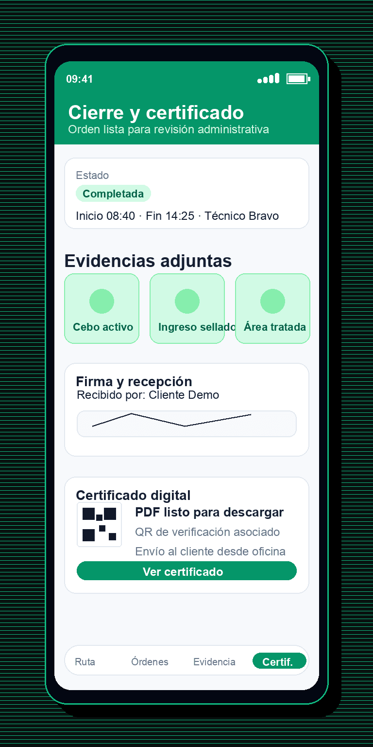 Pantalla de cierre y evidencias para certificado