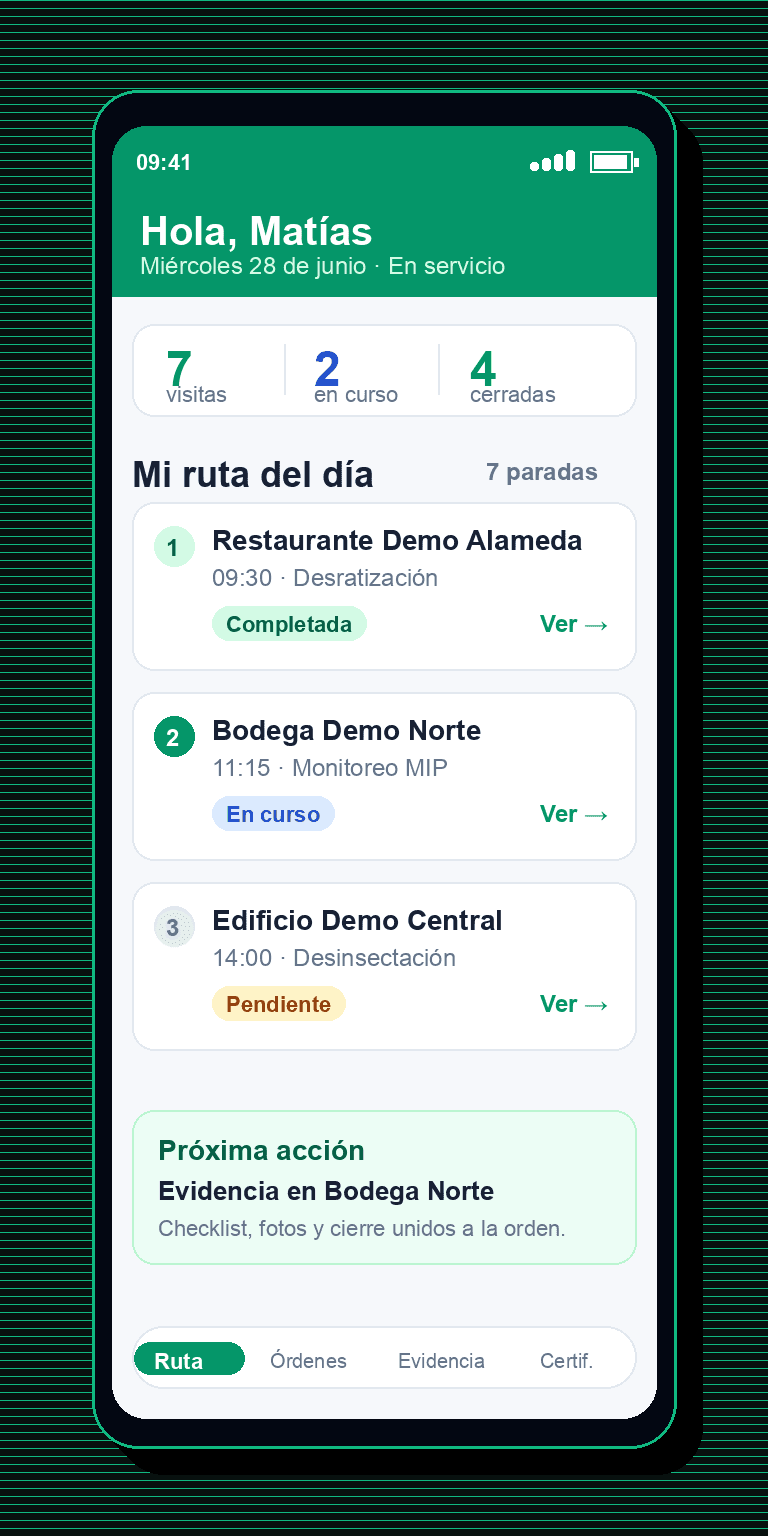 Pantalla de ruta técnica en app móvil de PlagasControl