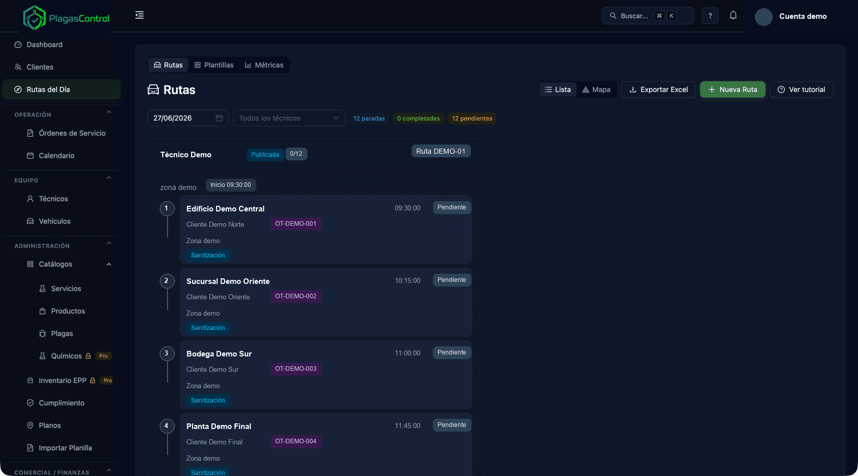 Vista de rutas de PlagasControl con paradas, técnico y progreso